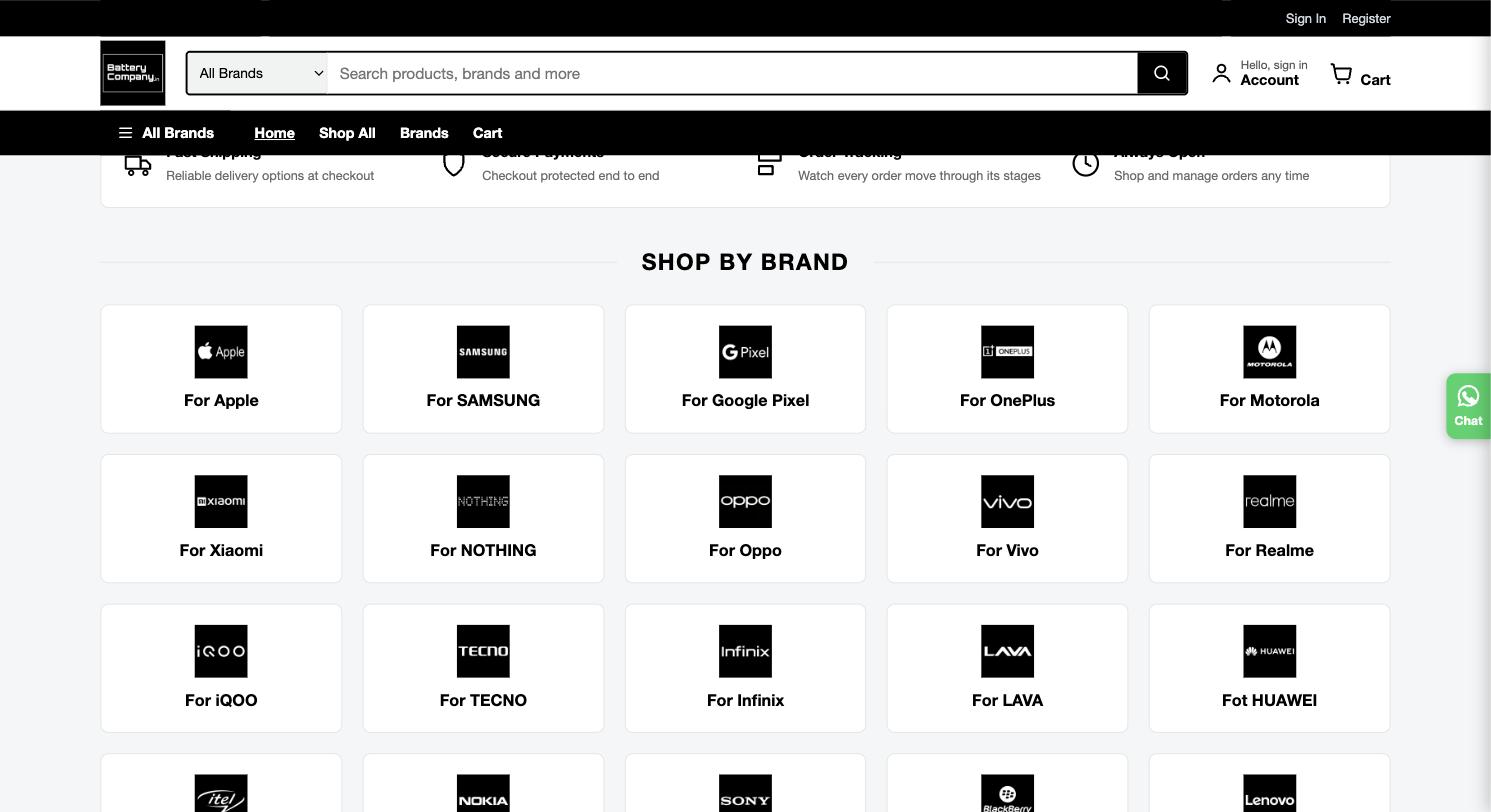 BatteryCompany.in storefront: shop-by-brand catalogue covering Apple, Samsung, Google Pixel, OnePlus, Motorola and more