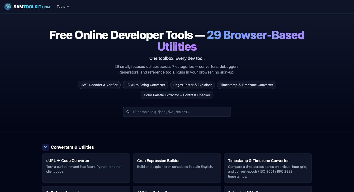 SamToolkit homepage listing its free developer utilities